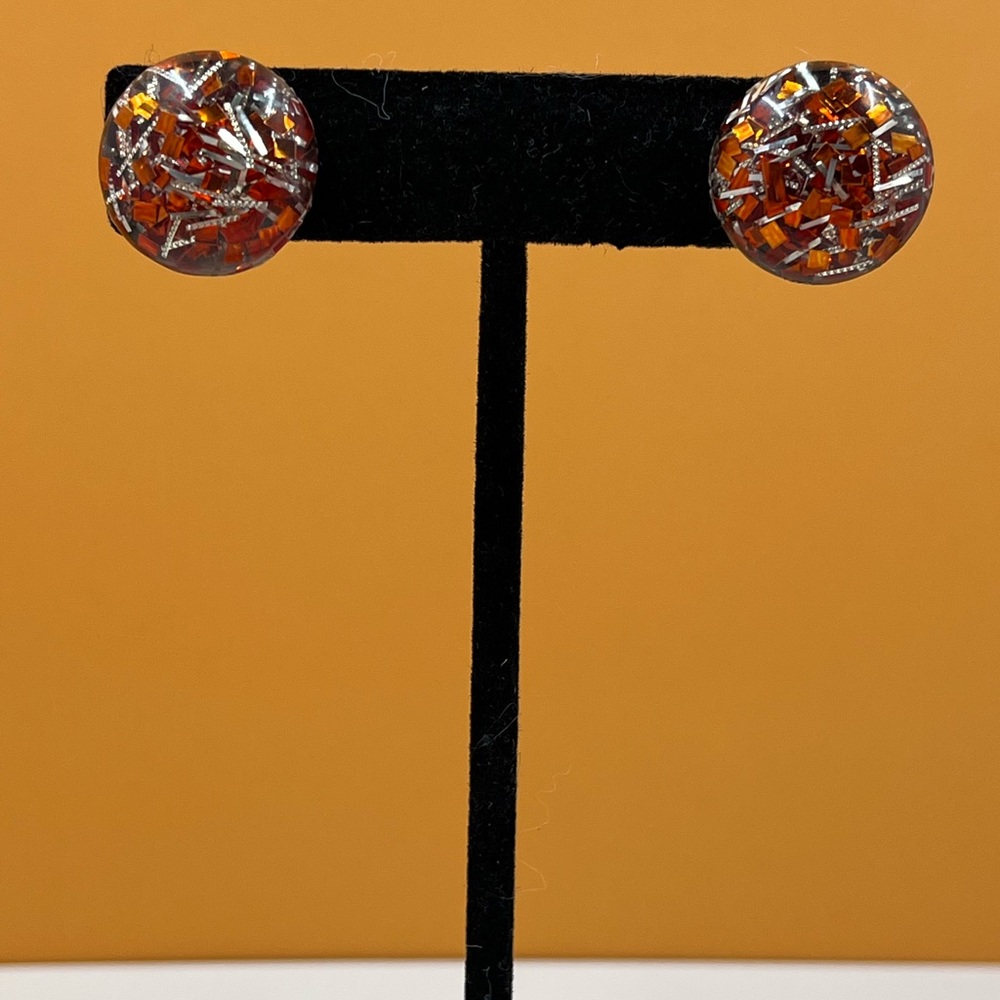 Vintage 1980s Orange Confetti Acrylic Button Screw Back Earrings